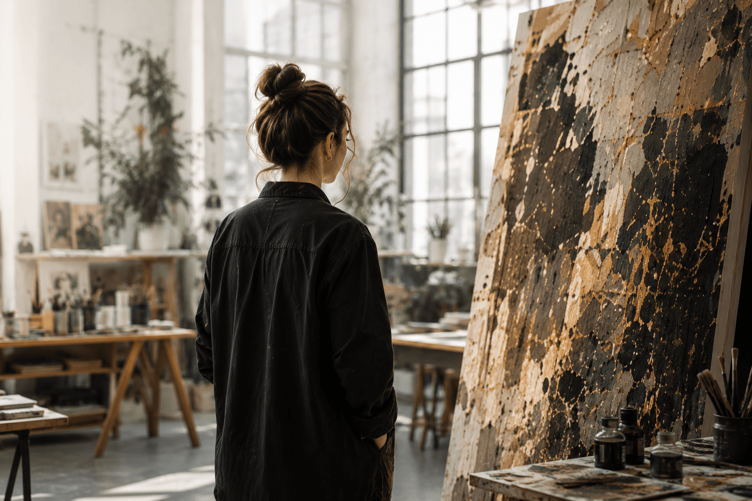 Artist standing in studio beside abstract painting